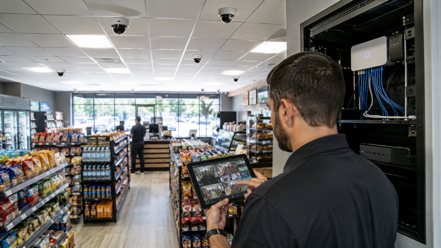Tech configuring a multi-camera CCTV NVR on a tablet inside a Hollywood Florida convenience store