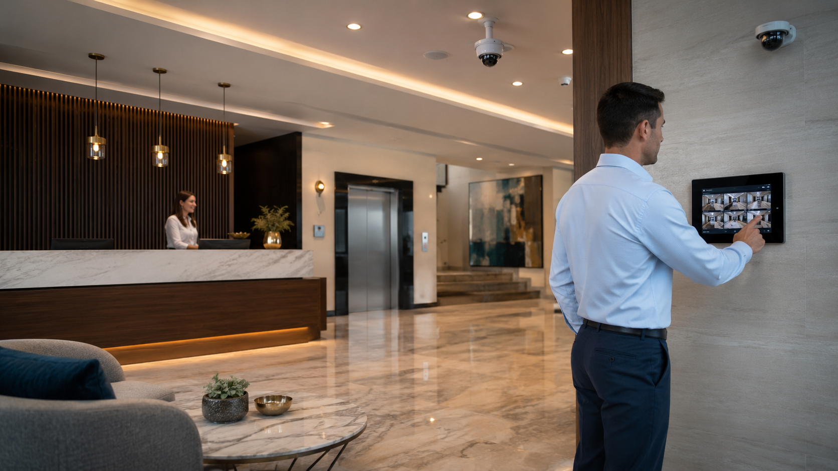 Tech configuring a smart access control and security panel in a luxury hotel lobby with reception