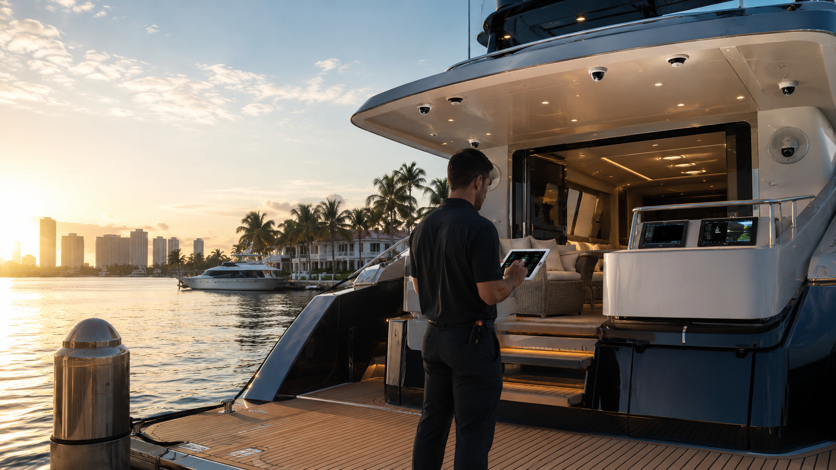 MiamiTV.pro tech configuring a yacht security and Starlink system on a tablet at a South Florida marina at sunset